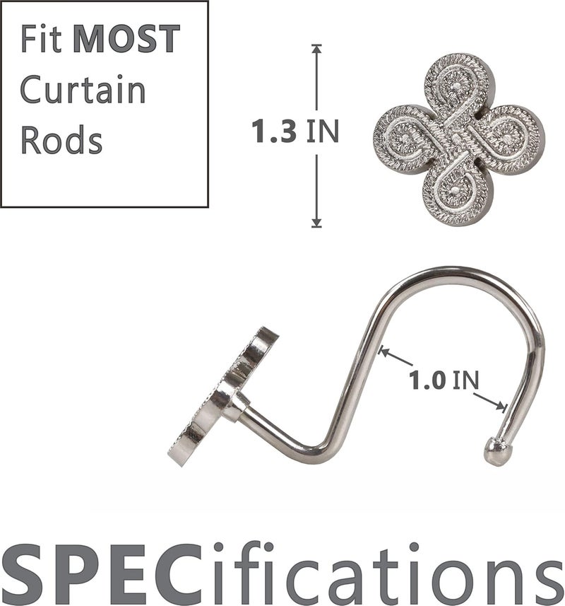 Popkozzi Nickel Shower Curtain Hooks Rings: Silver Rust Proof Metal Shower Hooks for Bathroom - Flower Clover Designed Decorative Curtain Rings Hangers for Shower Rod - Set of 12 - Image 4